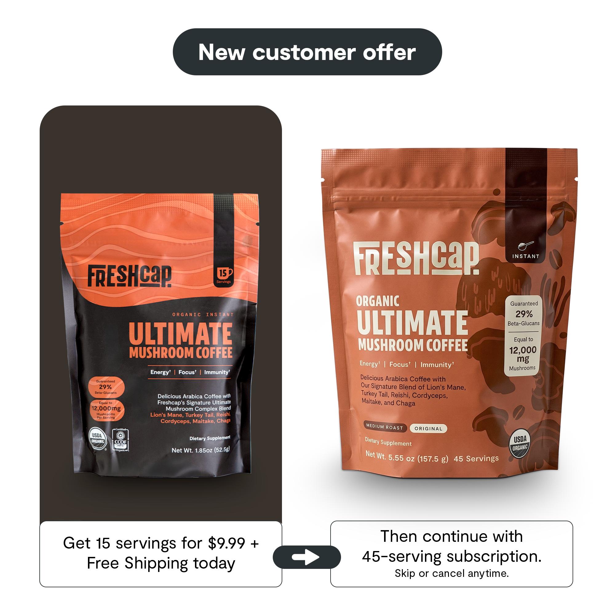 Ultimate Mushroom Coffee: 15-servings on 1st Purchase & 45-servings on Renewal